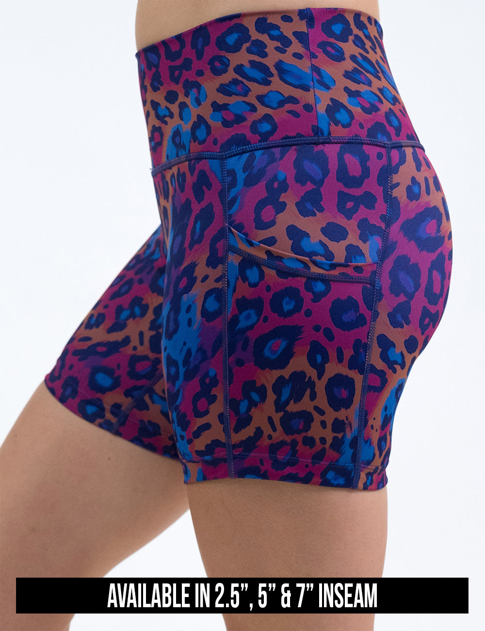 available inseam lengths for the  yellow, red, and blue leopard print shorts. Lengths include 2.5, 5, and 7 inches