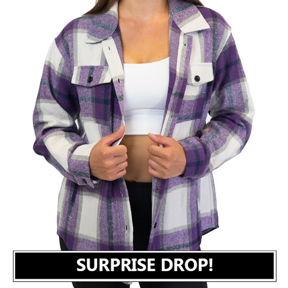 model wearing the purple plaid shacket