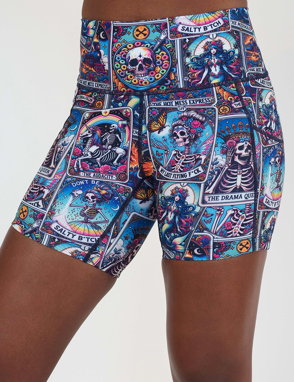 front of the 5 inch tarot card skeletons shorts against a white background