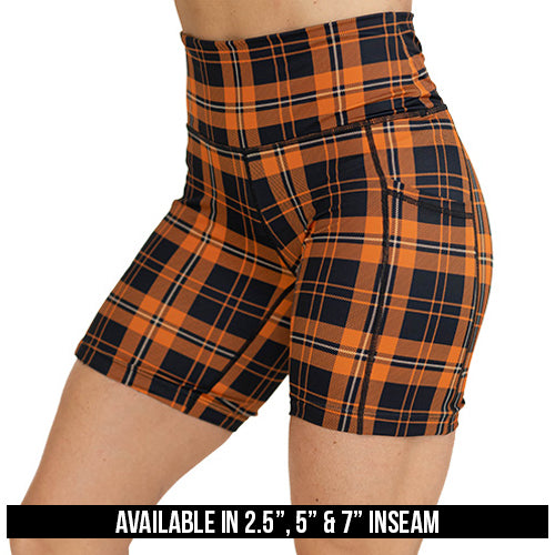orange plaid shorts available in 2.5, 5 and 7 inch inseam