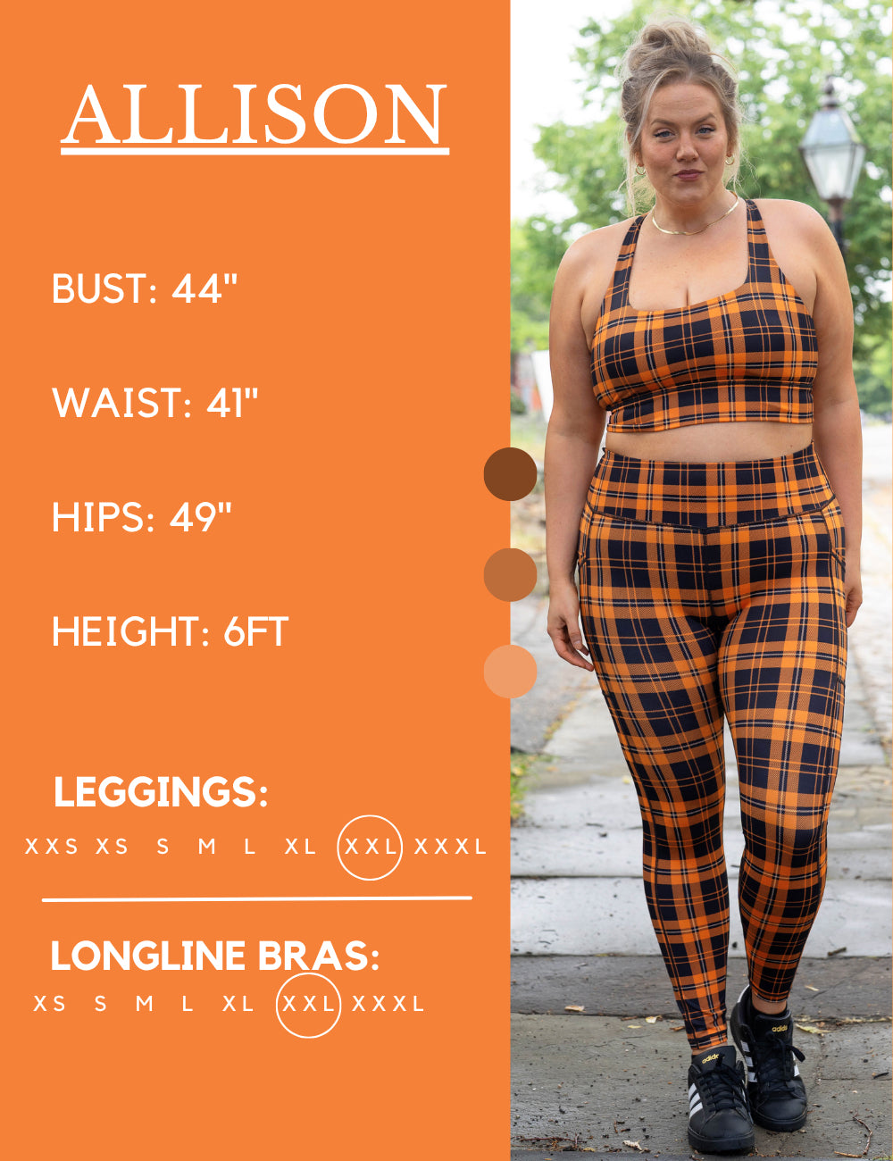 Model’s measurements of 44” bust, 41” waist, 49” hips and height of 6 feet. She is wearing a size extra extra large in our leggings
