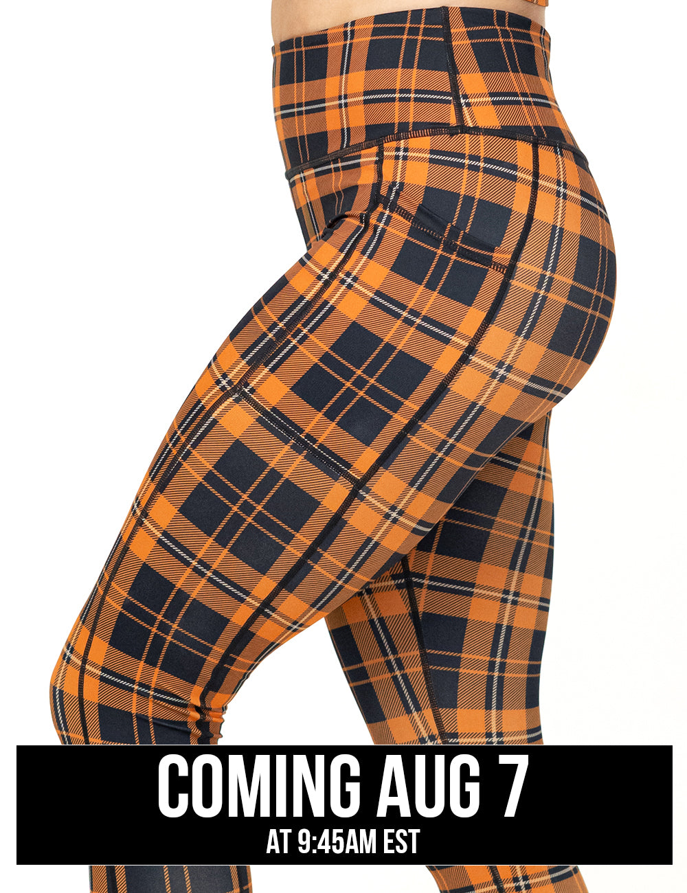 side view of the orange and black plaid leggings coming august 7th