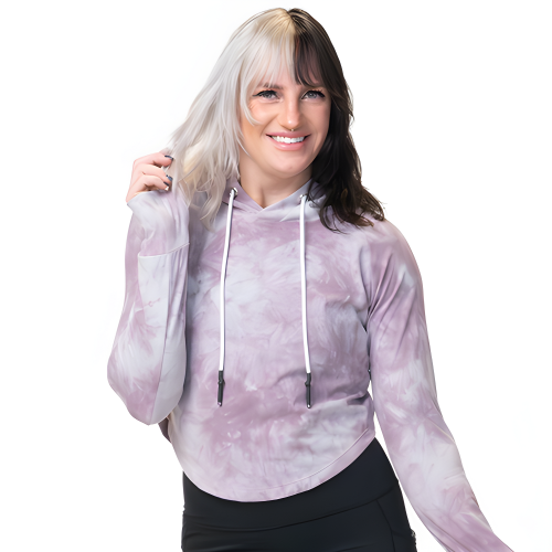 model wearing a purple and white tie dye cropped hoodie