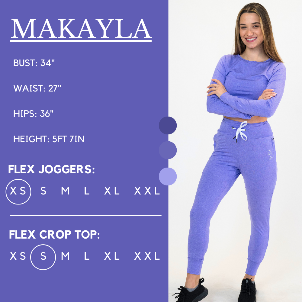 Model’s measurements of 34” bust, 27” waist, 36” hips and height of 5 ft 7 in. She is wearing a size x-small in our flex joggers and a size small in our flex crop top