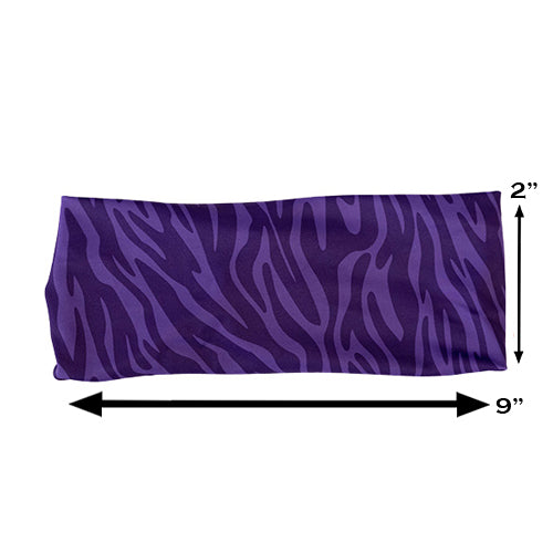 purple zebra print headband measured at 2 by 9 inches