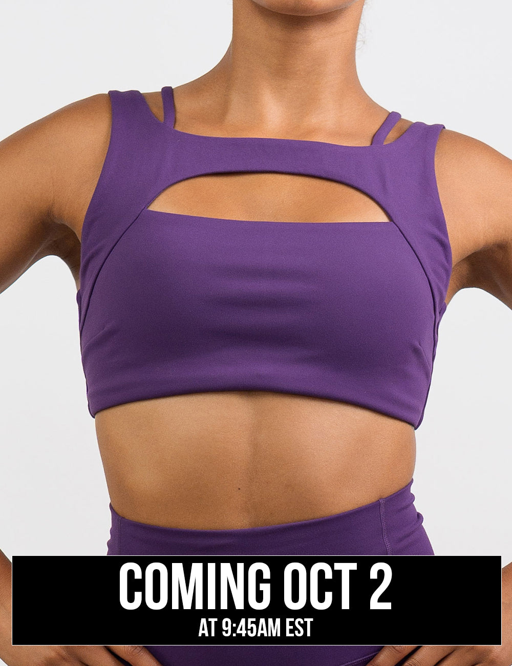 front of the solid purple sports bra against a white background, coming October 2nd