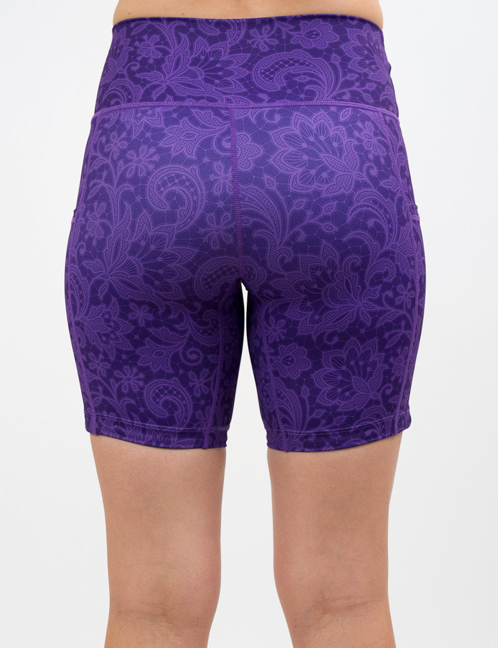back of the 7 inch purple paisley shorts against a white background