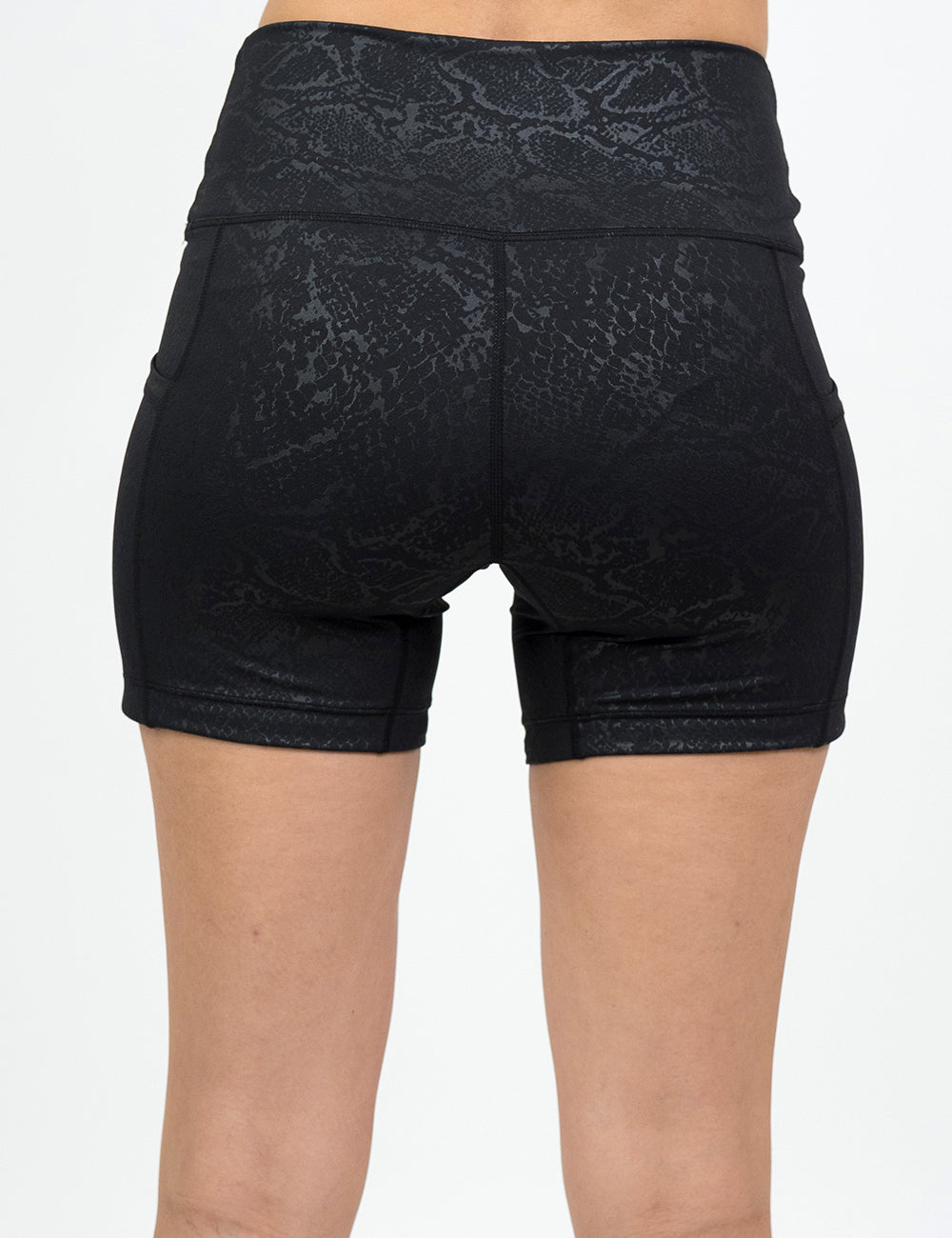 back of the 5 inch dark python print shorts against a white background