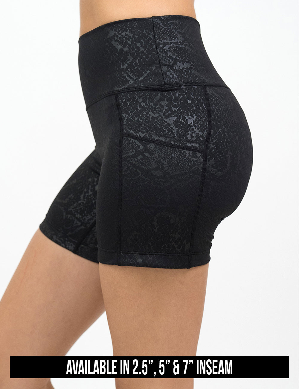 available lengths for the dark python print shorts, inseam lengths include 2.5, 5, and 7 inches