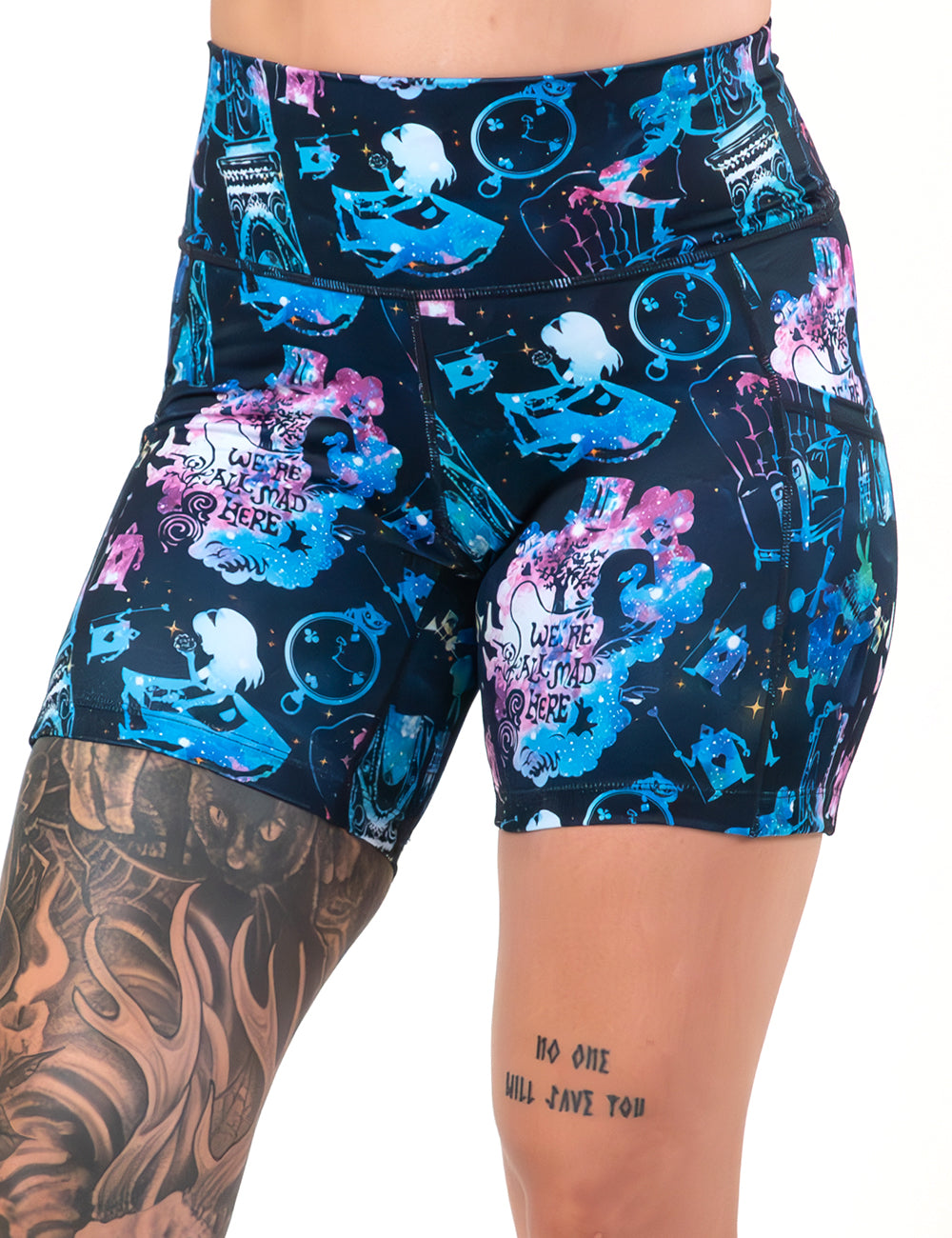 front of the 5 inch alice in wonderland inspired shorts against a white background