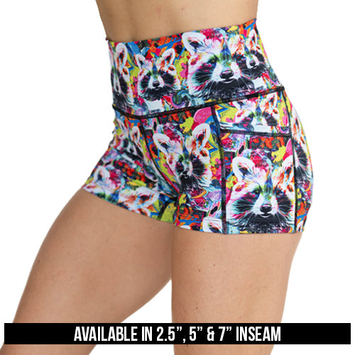 colorful raccoon print shorts available in 2.5, 5 and 7 inch inseam
