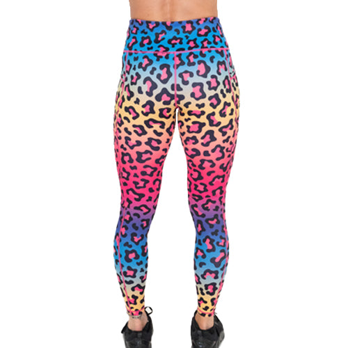 back view of rainbow leopard leggings