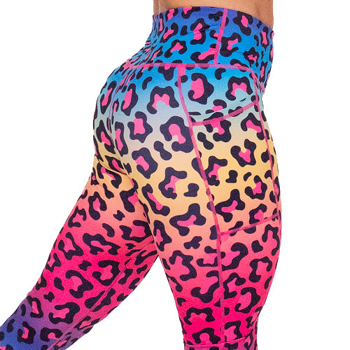 side view of rainbow leopard leggings 