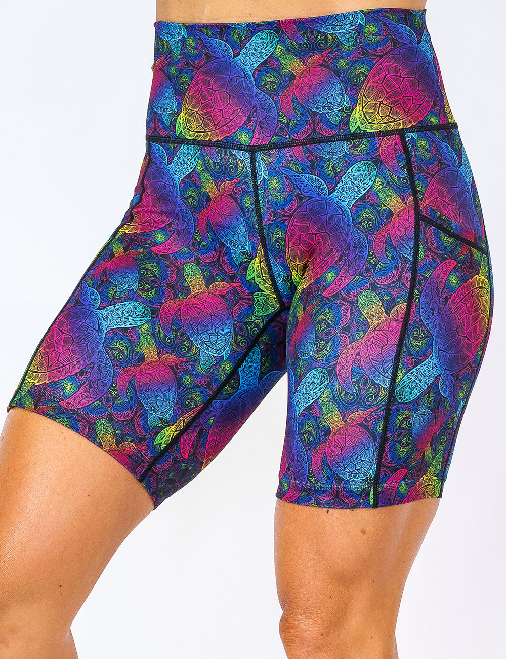 front of the 7 inch pink, yellow, blue, green and purple ombre turtle print shorts against a white background