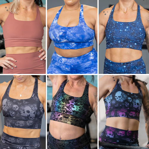 a collage of the blush, blue dye hard, infinity, pretty deadly and black glisten here longline bras