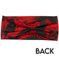 back of red and black raven and skull print headband