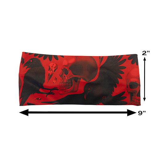 red and black raven and skull print headband measured at 2 by 9 inches