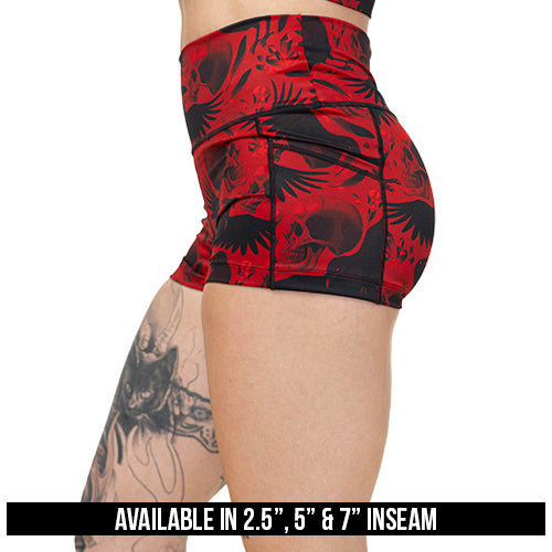 red and black raven and skull print shorts available in 2.5, 5 & 7 inch inseam