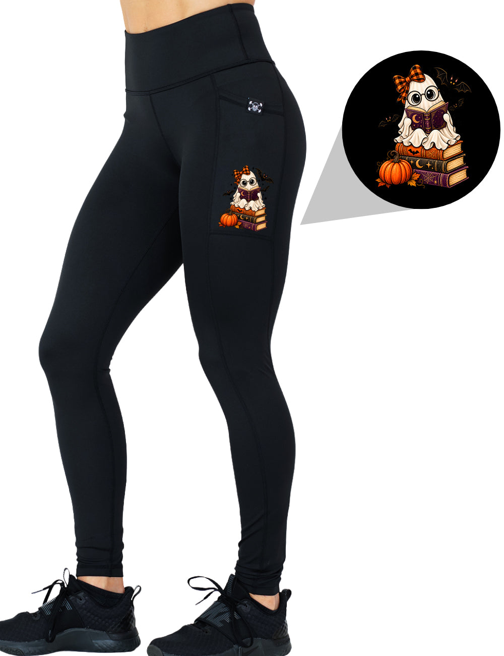 front of the ghost reading books graphic full length leggings