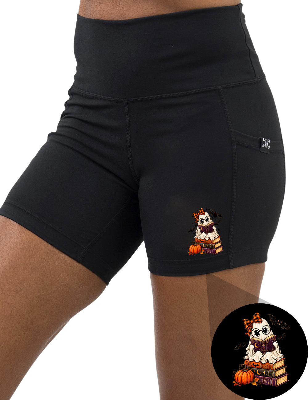 front of the ghost reading a book graphic 5 inch shorts