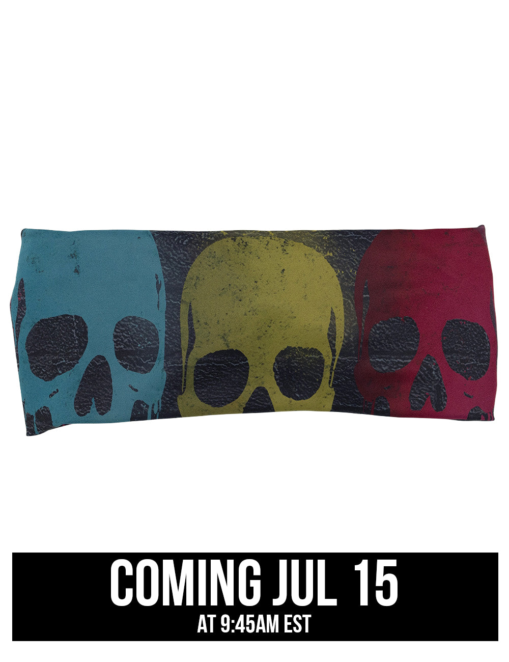 front of the black brick with spray painted skulls headband against a white background, coming july 15th