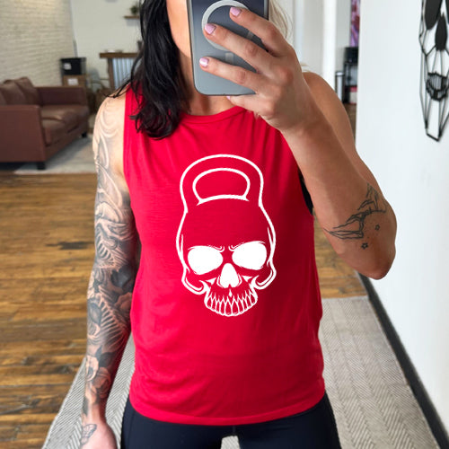 red muscle tank with a kettlebell skull graphic on the front