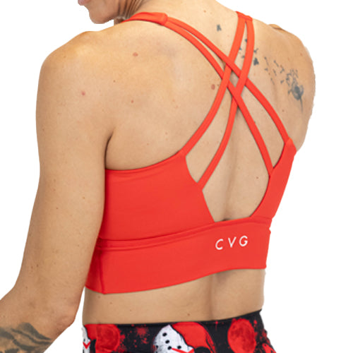 back of red longline bra