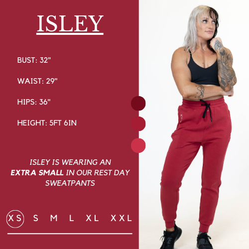 Model’s measurements of 32” bust, 29” waist, 36” hips and height of 5 ft 6 inches. She is wearing a size extra small in the rest day sweatpants
