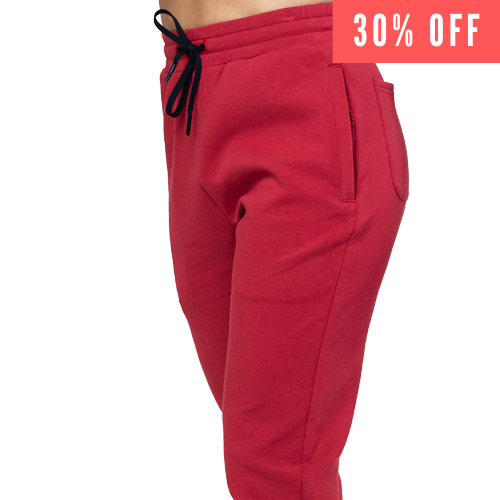 30% off of the red joggers