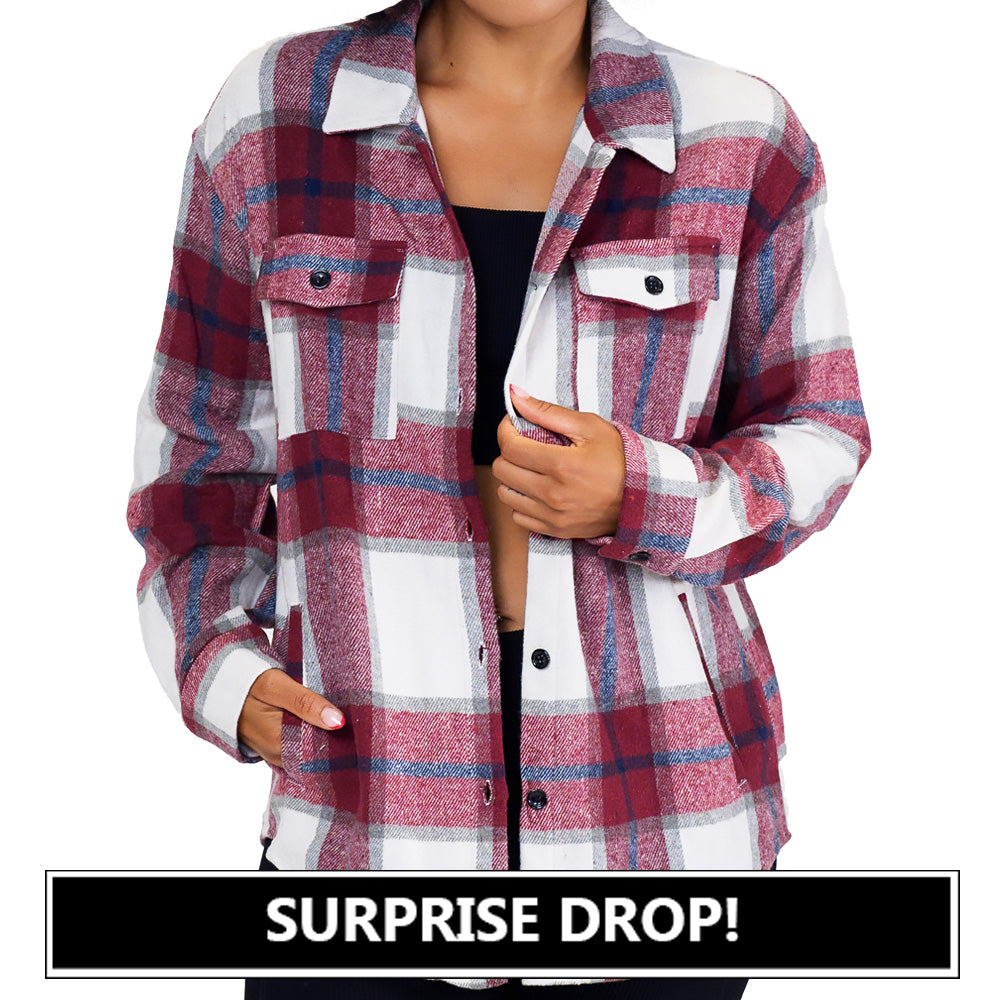 model wearing the red plaid shacket