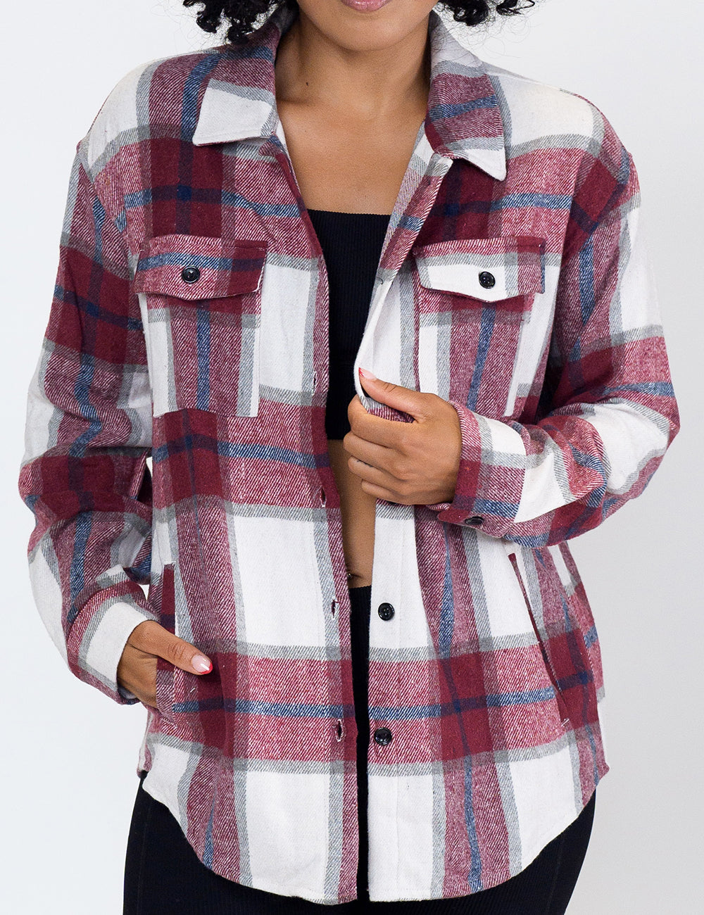 model wearing the red plaid shacket