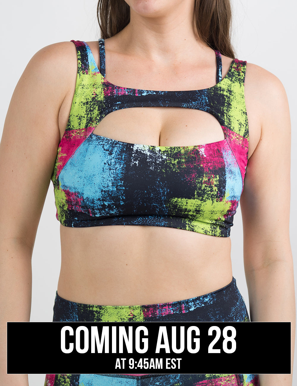 front of the green, pink, and blue grunge pattern bra coming august 28th