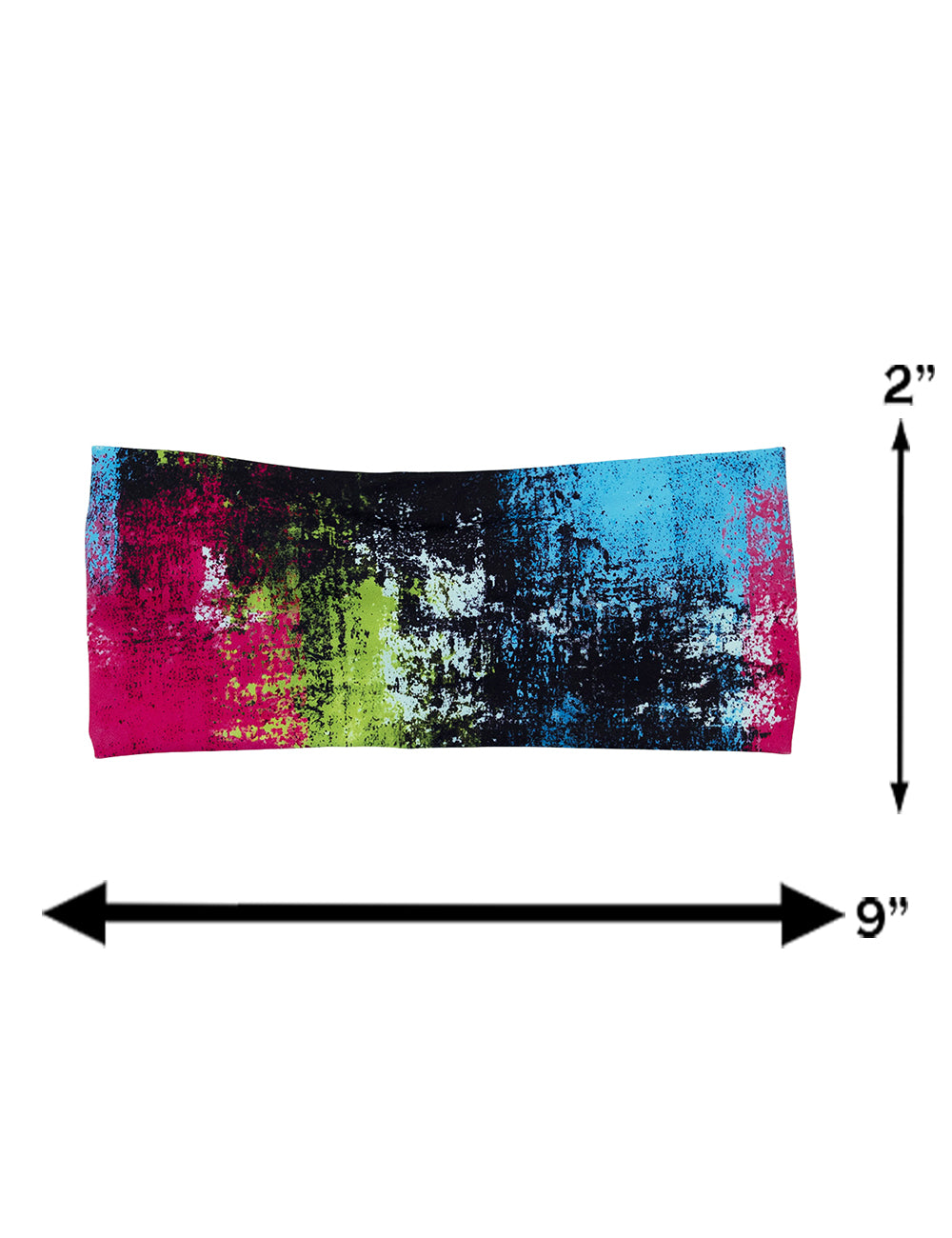 measurement chart for the green, pink, and blue grunge pattern headband, measurements are 2 inches by 9 inches