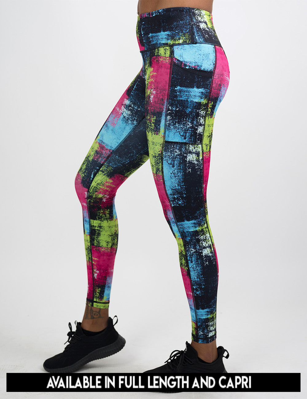 available lengths for the green, pink, and blue grunge pattern leggings, lengths include full length and capri
