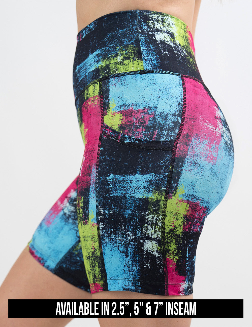 available inseam lengths for the green, pink, and blue grunge pattern shorts, lengths include 2.5, 5, and 7 inches