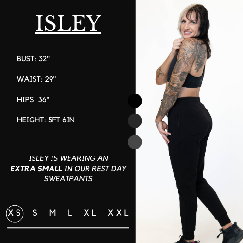 Model’s measurements of 32” bust, 29” waist, 36” hips and height of 5 ft 6 inches. She is wearing a size extra small in the rest day sweatpants