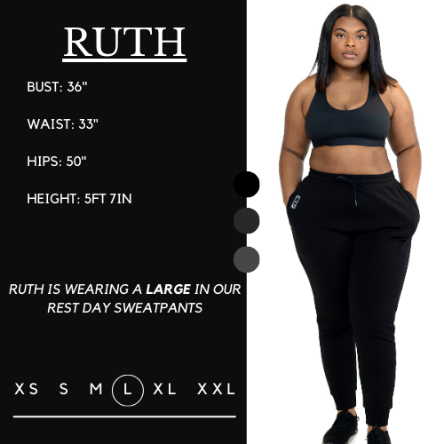 Model’s measurements of 36” bust, 33” waist, 50” hips and height of 5 ft 7 inches. She is wearing a size large in the rest day sweatpants