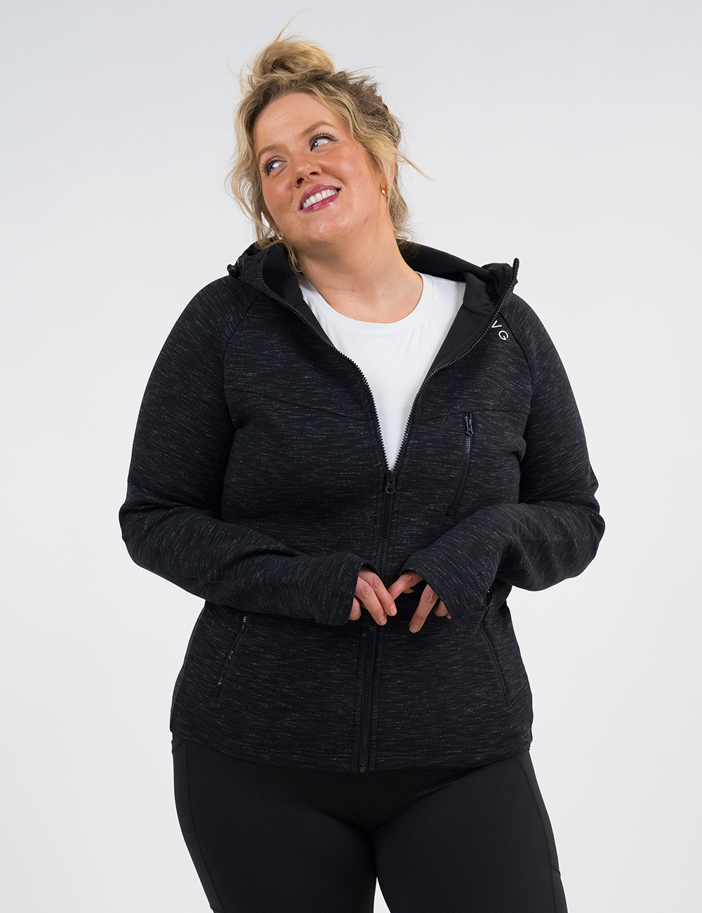 black performance zip up sweatshirt with thumb holes