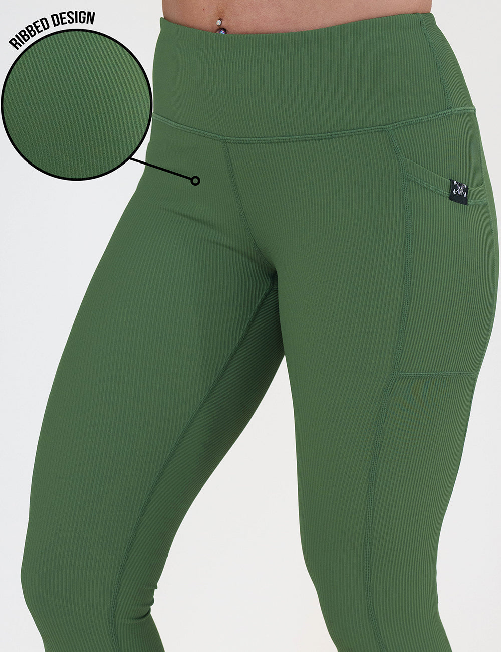 close up of the ribbed texture on the green ribbed leggings