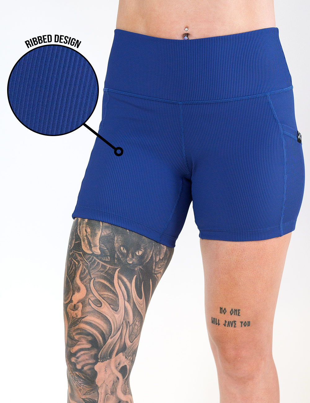 blue 5 inch navy ribbed shorts against a white background