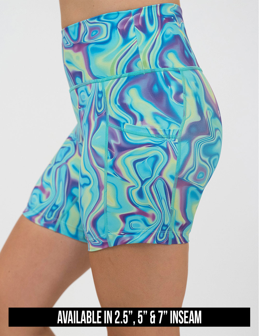 available inseam lengths for the blue, green, and lavender liquid pattern shorts, lengths include 2.5, 5, and 7 inches