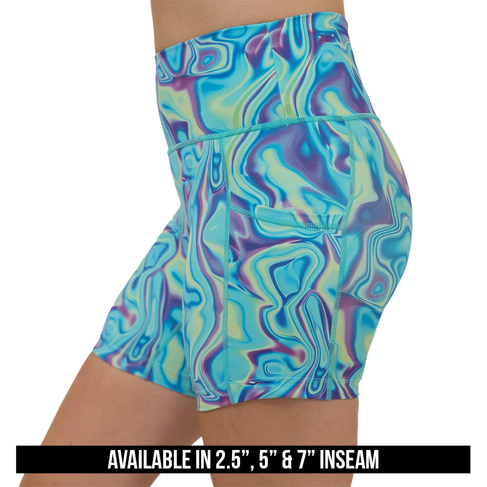 Multicolored swirl patterned shorts on a white background