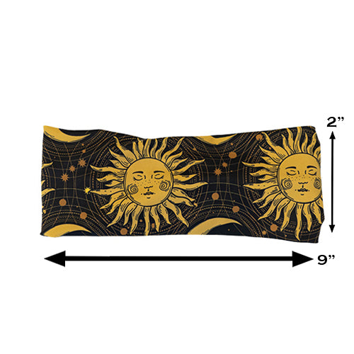 sun & moon design headband measured at 2 by 9 inches