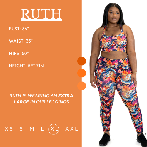 Model’s measurements of 36” bust, 33” waist, 50” hips and height of 5 ft 7 inches. She is wearing a size extra large in our leggings
