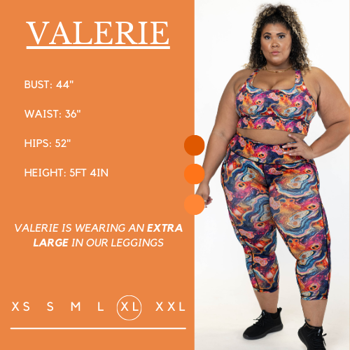 Model’s measurements of 44” bust, 36” waist, 52” hips and height of 5 ft 4 inches. She is wearing a size extra large in our leggings
