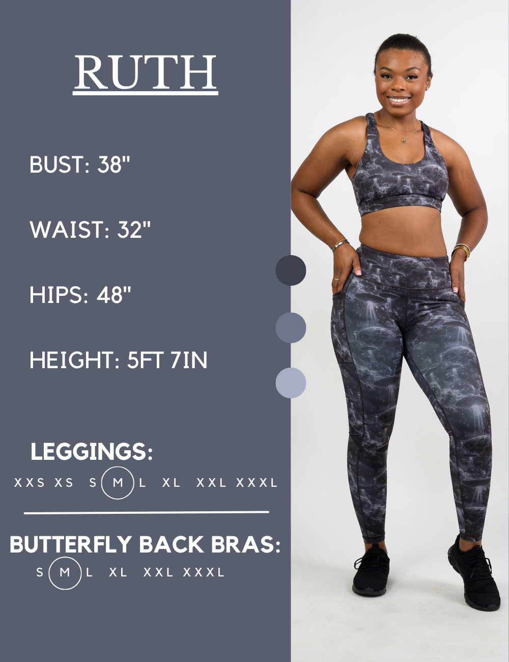 Model’s measurements of 38” bust, 32” waist, 48” hips and height of 5 ft 7 inches. She is wearing a size medium in our leggings