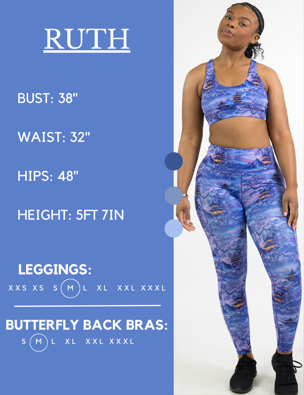 Model’s measurements of 38” bust, 32” waist, 48” hips and height of 5 ft 7 inches. She is wearing a size medium in our leggings