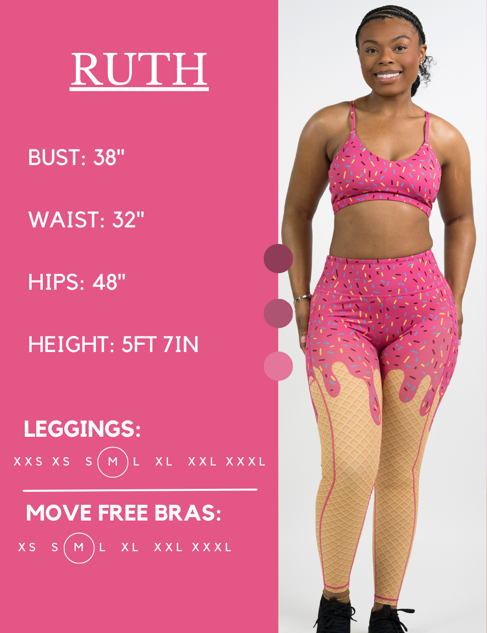 Model’s measurements of 38” bust, 32” waist, 48” hips and height of 5 ft 7. She is wearing a size medium in our leggings