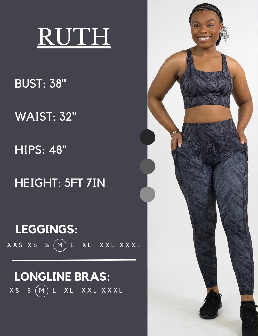 Model’s measurements of 38” bust, 32” waist, 48” hips and height of 5 ft 7. She is wearing a size medium in our leggings