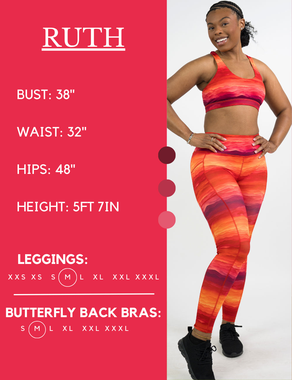 Model’s measurements of 38” bust, 32” waist, 48” hips and height of 5 ft 7 inches. She is wearing a size medium in our leggings